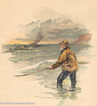 Threatening weather stirs much activity along the bay shore. This watercolor was reprinted from an 1895 shoe catalog.