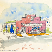 What is a village without a cozy place for a beverage and a snack just a stone's throw from the bay shore. 8 x 8 inches reprinted, matted, and framed to 11 x 14 inches. $125.