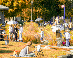 Plein air artists painting in the park morph into their own art.