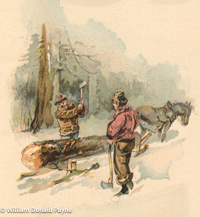 In the snowy woods two lumberjacks fell and trim trees while a work horse awaits its winter journey.
