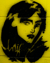 This stenciled silhouette peers out from its mustard yellow background.