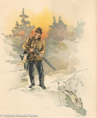 This watercolor print from an 1895 shoe catalog depicts a drama of hunter and prey unfolding in the northern woods.
